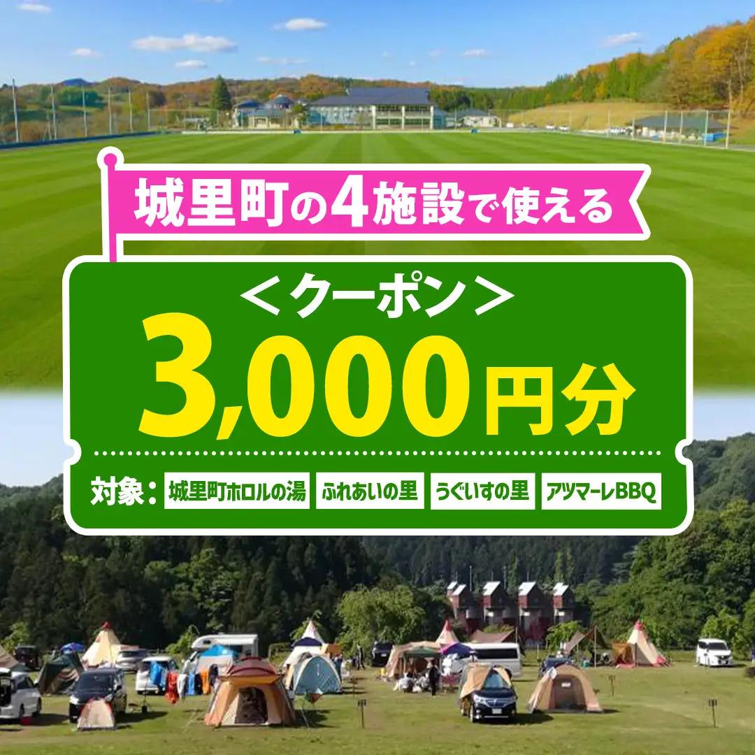 ＜城里町ホロルの湯、ふれあいの里、うぐいすの里、アツマーレBBQで使えるクーポン券＞3,000円分 （1000円×3枚） (BF019)