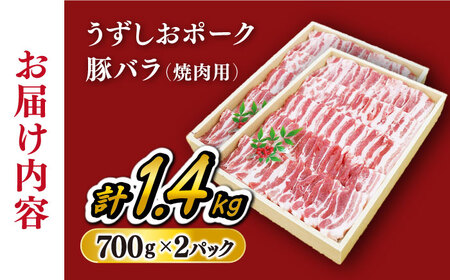 【訳あり】 焼肉 用 豚バラ 長崎うずしおポーク バラ（ 焼肉 用）計1.4kg（700g×2パック）＜スーパーウエスト＞[CAG112] 長崎 西海 豚 ブランド豚 焼肉 豚バラ バラ BBQ 豚 