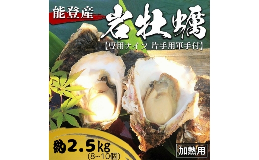 能登産 岩牡蠣（2.5kgセット／8～10個入）専用ナイフ 片手用軍手付 加熱用 冷蔵配送 ※2026年6月下旬～8月上旬頃に順次発送予定 ※離島への配送不可