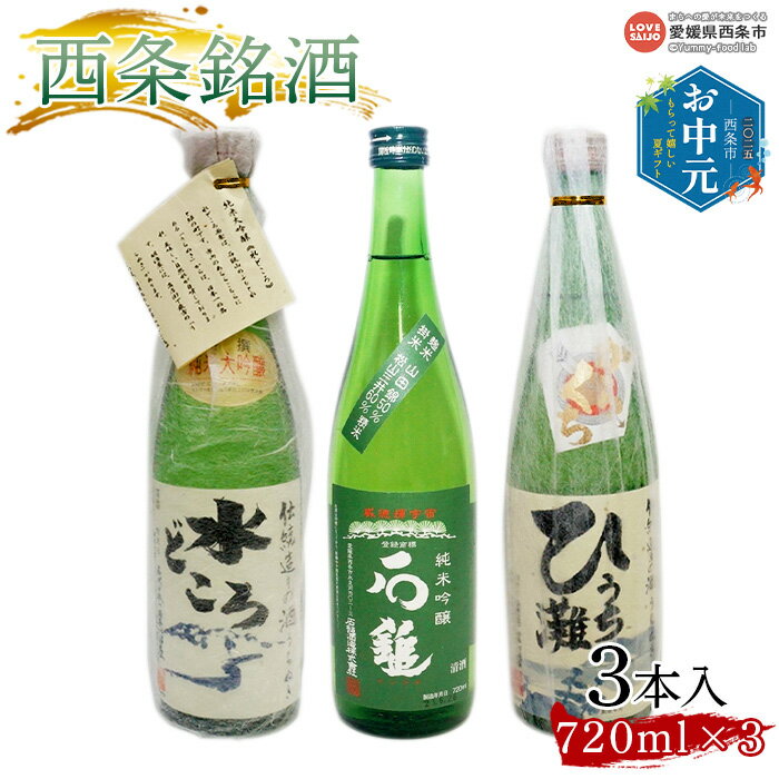 【ふるさと納税】【お中元】＜西条銘酒 3本セット＞ 飲み比べ 詰め合わせ 純米大吟醸 うちぬき 水どころ ひうち灘 石鎚酒造 純米吟醸 緑ラベル 銘酒 愛媛県 西条市 【常温】『通常：翌月末までに順次出荷予定』