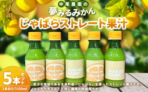 【数量限定】中尾農園の夢みるみかん じゃばら ストレート 果汁 150ml × 5本セット （計750ml） 【7営業日以内発送】 柑橘系 柑橘類 みかん ミカン 蜜柑 ジャバラ くだもの 果物 飲料 フルーツ 国産 佐賀県 太良町 N282x2