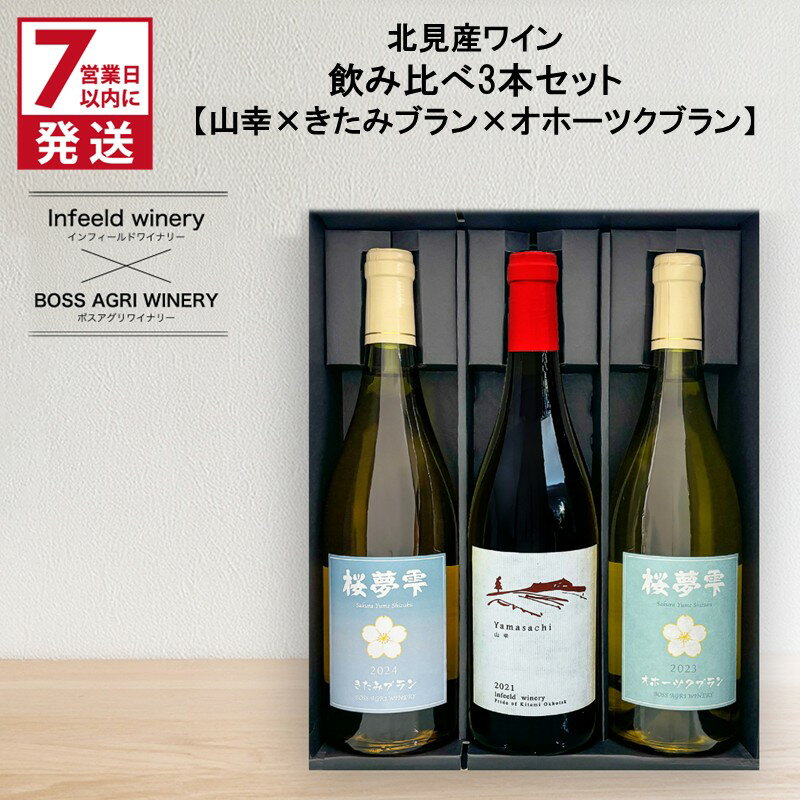 【ふるさと納税】《7営業日以内に発送》北見産ワイン 飲み比べ3本セット（山幸×きたみブラン×オホーツクブラン） ( ワイン 赤ワイン 白ワイン 熟成白ワイン セット 飲み比べ 山幸 きたみブラン オホーツクブラン ギフト 贈り物 )