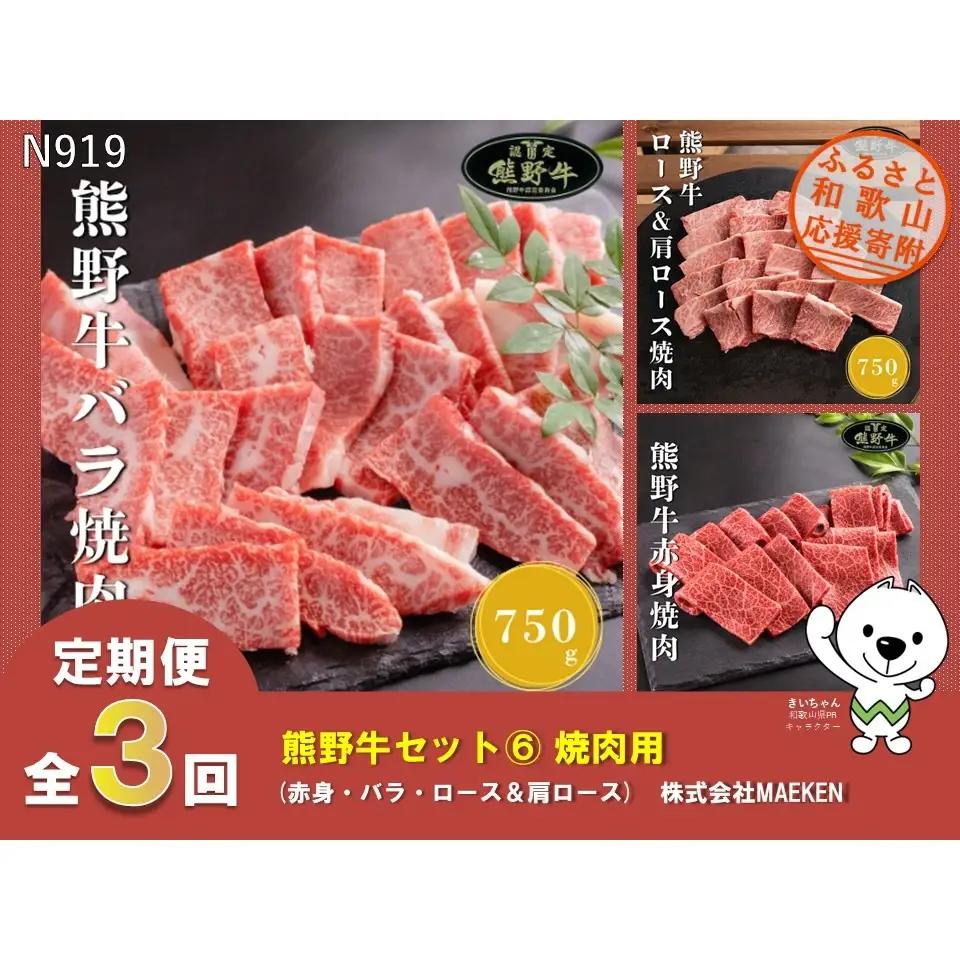 N919 【全3回定期便】熊野牛　焼肉用（赤身・バラ・ロース＆肩ロース）株式会社MAEKEN⑥