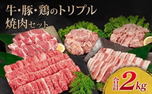 牛肉 豚肉 鶏肉 トリプル 焼肉 セット 合計2kg 宮崎牛 ブランド牛 黒毛和牛 国産 食品 ご褒美 お祝 おすすめ おかず お弁当 BBQ キャンプ グランピング お取り寄せ グルメ 詰め合わせ 宮崎県 日南市 送料無料_CB101-25