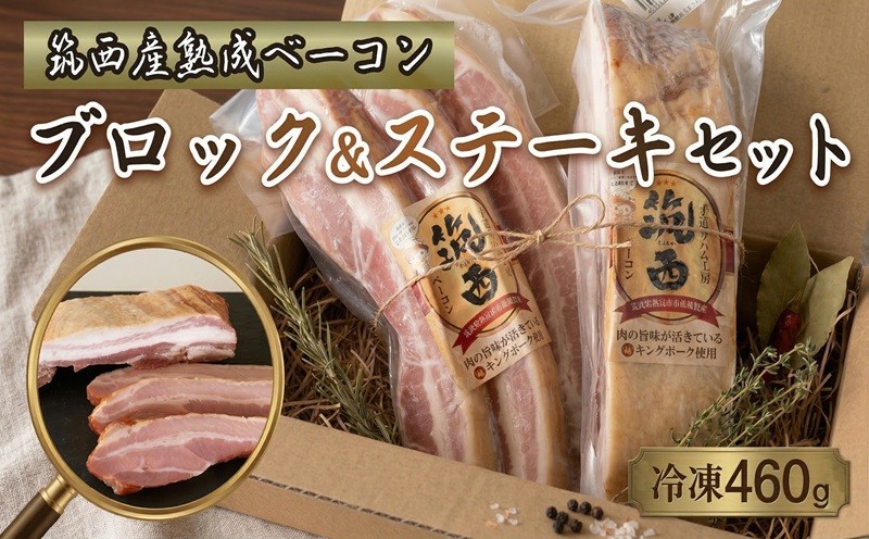 
                  筑西ベーコン ブロック＆ステーキセット 燻製 熟成ベーコン ベーコンステーキ キングポーク 厚切り 桜チップ 
                