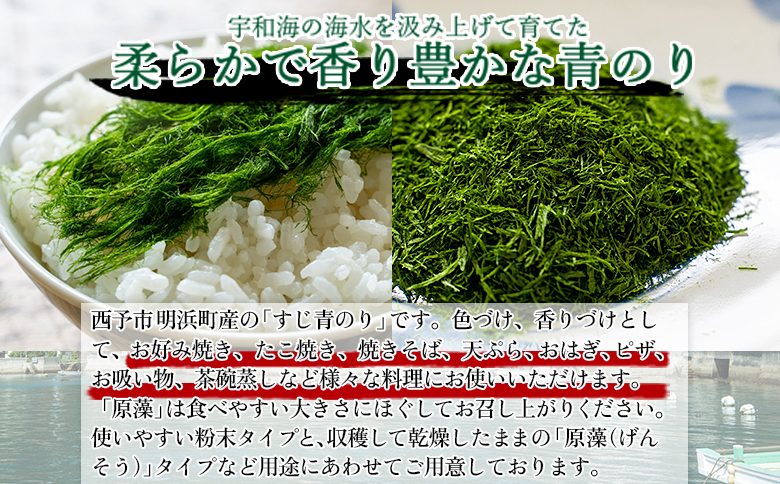 ＜打ち抜き海水で育てた「すじ青のり」（粉末3g×12パック）＞ 甲殻類アレルギーフリー 色づけ 香りづけ お好み焼き たこ焼き 焼きそば おはぎ ピザ お吸い物 茶碗蒸し 佐藤真珠 愛媛県 西予市