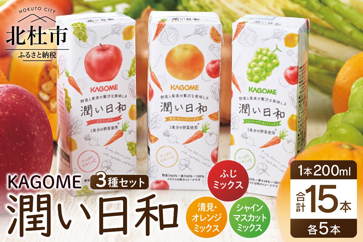 
                  カゴメ 潤い日和（15本）　清見・オレンジミックス シャインマスカットミックス ふじミックス 200ml 紙パック 3種セット 飲料 KAGOME 飲料 ギフト
                
