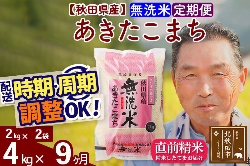 令和7年産《定期便9ヶ月》秋田県産 あきたこまち 4kg【無洗米】(2kg小分け袋) 2025年産 お届け時期選べる お届け周期調整可能 隔月に調整OK お米 おおもり [おおもり 秋田 お米 あきたこまち 米どころ 東北 北秋田市 定期便 毎月お届け]|oomr-30209