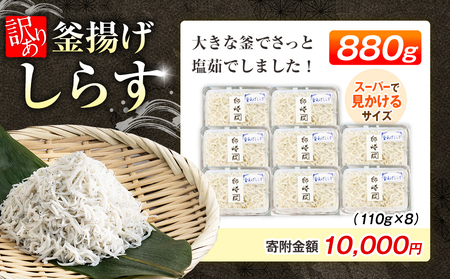 訳あり カネ成の釜揚げしらす 880g 110g×8パック 小分け 減塩 無添加 無着色 冷凍【配送不可地域：離島】【1431419】