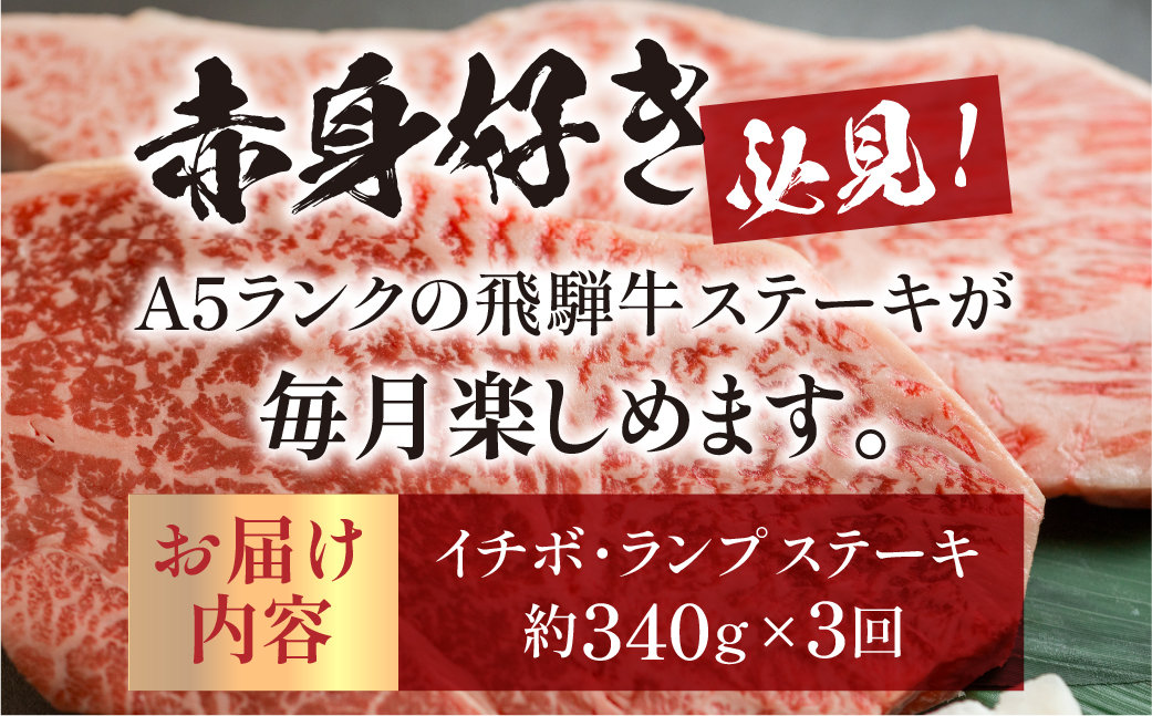 【定期便3回】A5 飛騨牛 赤身 ステーキ 定期便 340g×3回 ( イチボ / ランプ ) 2人前 2人用 天狗 ステーキ 赤身 定期便 【11-P】