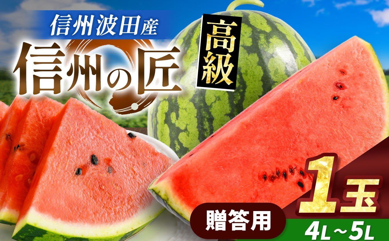 
            【先行予約】信州波田産 高級スイカ！信州の匠 【贈答】 4L～5Lサイズ 1玉｜ふるさと納税 長野県 信州 松本 果物 フルーツ すいか スイカ 西瓜 新鮮 大きい 特別 贈答 季節限定 甘い くだもの ふるーつ
          