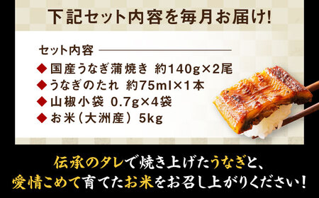うなぎ 定期便【全3回】うなぎ 蒲焼き（2尾）＋お米（5kg）[AGAH008]