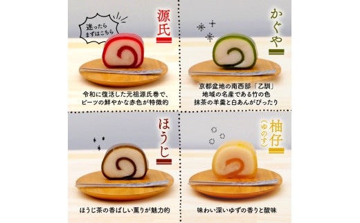 源氏巻 8個入 4種類 2個ずつ 和菓子 ようかん羊羹 白餡 白あん 餡子 あんこ スイーツ お菓子 おかし おやつ 源氏 かぐや ほうじ 柚仔 ゆのす ギフト プレゼント 贈答 贈り物 お祝い 御歳暮 お歳暮 記念日 人気 おすすめ 京都 長岡京 辻山久養堂