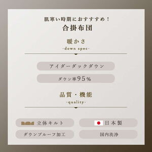 アイダーダックダウン95％使用 羽毛合掛け布団 シングル 1枚 （ブルー） 羽毛布団 合掛け布団 シングル アイダーダックダウン95％ 国内洗浄 立体キルト 日本製 掛布団 寝具 春秋 中厚 ダウンケ