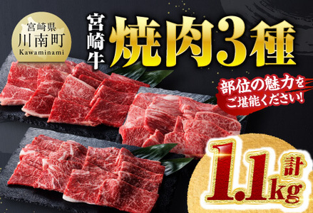 宮崎牛 焼肉 3種 計1.1kg 肉 国産牛肉 九州産牛肉 宮崎県産牛肉 黒毛和牛 BBQ牛肉 牛肉セット 牛肉詰合せ