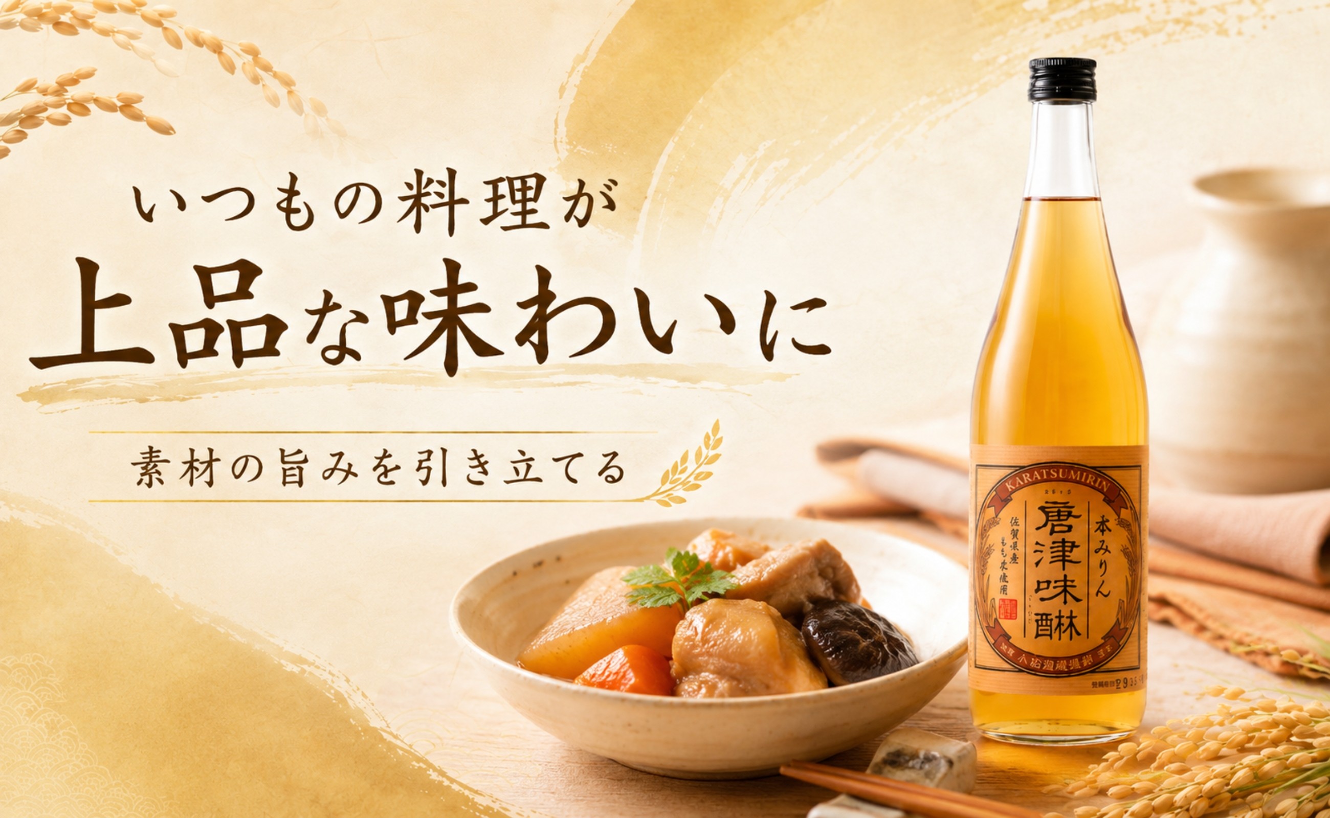 煮物の盛り付けと唐津味醂。和食の素材の旨みを引き立てる調味料。