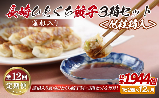 E322p 蓮根入り 長崎ひとくち餃子162個(54個入りを3箱)〈化粧箱入〉【12回定期便】