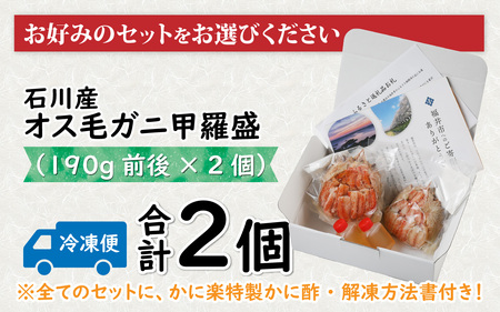 Ｂ 石川産オス毛ガニ甲羅盛（180ｇ前後×1個）+ 石川産メス毛ガニ甲羅盛（180ｇ前後×1個） 合計2個 [J-096009_02]