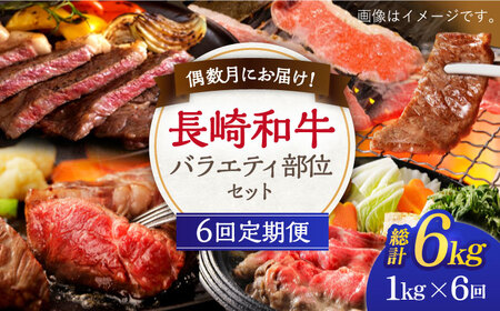 【6回定期便】偶数月にお届け！ 長崎和牛 バラエティ 部位 セット 毎回1kg ×6回【希少部位アリ！】【川下精肉店】 [OAA020] / 国産牛 黒毛和牛 和牛 さーろいん サーロインステーキ肉 ステーキ肉 リブロース ロース肉 高級焼肉 焼肉 すきやき すき焼き 焼肉用