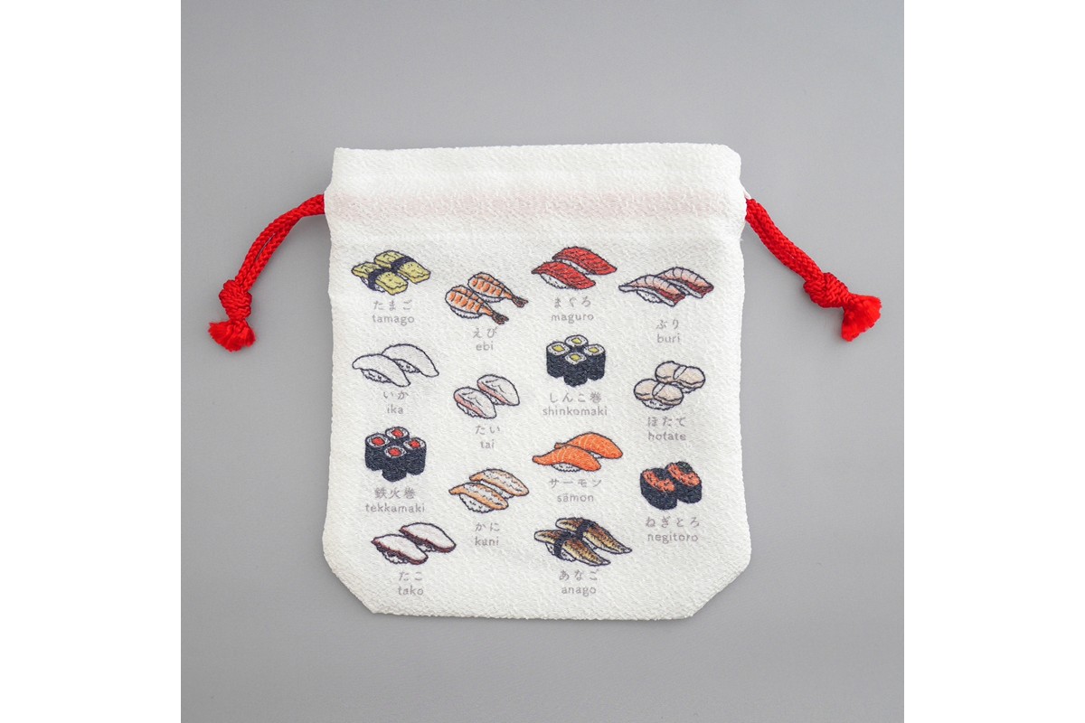 丹後ちりめん　にほんご巾着「sushi（寿司）」 サイズ：約13.5cm×17.5cm