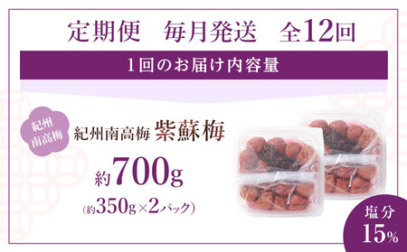 紀州南高梅 紫蘇梅 350g×2 塩分15％ [定期便 毎月発送・全12回]