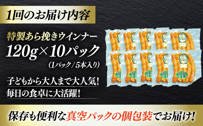 【全3回定期便】秒でプラスもう一品！ブランドポーク『オズの箱入り娘』使用！特製ウインナー（5本入り）×10袋 合計1200g 豚肉 小分け ベーコン プレゼント 愛媛県大洲市/株式会社オズメッセ [A