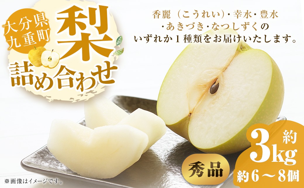 
            【秀品】 九重町産 梨 詰め合わせ 約3kg （約6～8個） なし ナシ 香麗 こうれい 幸水 こうすい 豊水 ほうすい あきづき なつしずく 果物 くだもの フルーツ 【2026年8月上旬～9月下旬発送予定】
          