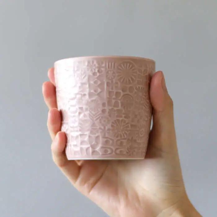 【波佐見焼】PATTERNED CUP ペア2色セット greige ＋ antique rose　【BIRDS’ WORDS】[CF068]