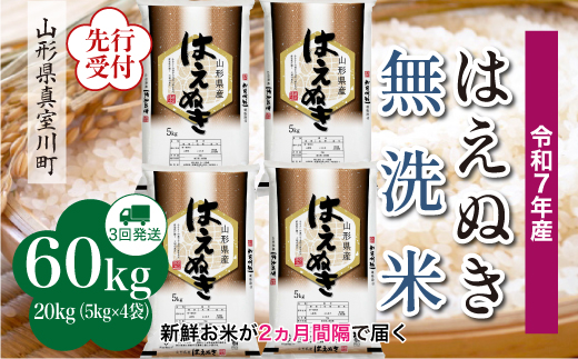 
            ＜令和7年産米先行受付＞ 真室川町産 はえぬき 【無洗米】 定期便 60kg （20kg×2ヶ月間隔で3回お届け）＜配送時期指定可＞
          