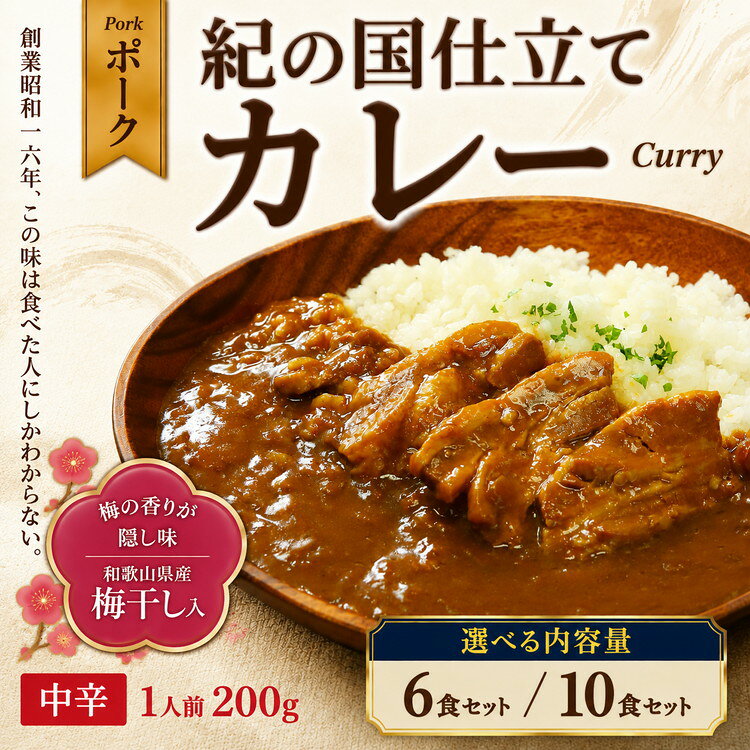 【ふるさと納税】選べる内容量 紀の国仕立て カレー （ポーク） 6食・10食 中辛 1人前200g ｜ レトルト カレー 晩御飯 晩ご飯 お昼 お手軽 時短 おうち時間 一人前 豚肉 ポーク