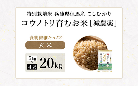 令和7年産 減農薬 玄米 特別栽培米 20kg コウノトリ育むお米 但馬産 こしひかり 兵庫県産(5kg×4袋) 減農薬 お米 20キロ 玄米 コウノトリ米 コシヒカリ コメ こめ ご飯 ライス 減農
