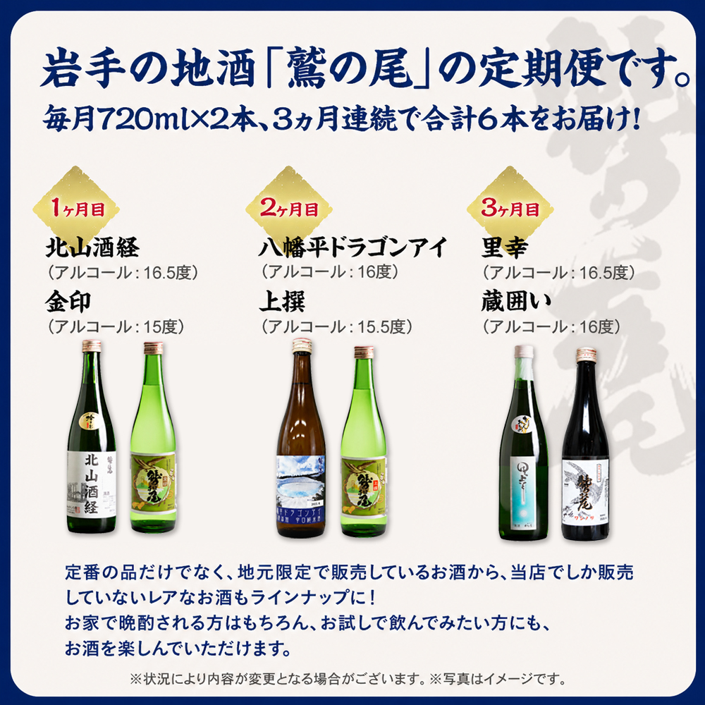 鷲の尾 3ヶ月定期便 ／ 720ml×毎月2本【地酒6種飲み比べ】 ／ 日本酒 地酒 おさけ お酒 さけ 酒 わしのお わしの尾 【澤口酒店】