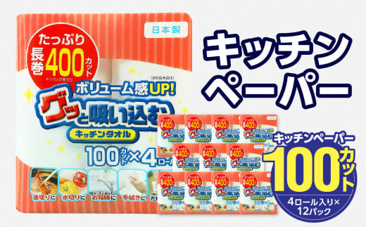 グッと吸い込むキッチンタオル100カット（4ロール×12パック） キッチンペーパー 日用品 消耗品 大容量 吸収力 破れにくい 長持ち 掃除 便利 高評価 R14030