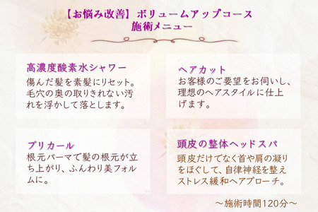 【お悩み改善】ボリュームアップコース ご利用券 カット プリカール（根元パーマ） 頭皮の整体ヘッドスパ 高濃度酸素水 所要時間 120分 髪質改善 ヘッドスパ プリカール ヘアカット ヘアケア 自律神