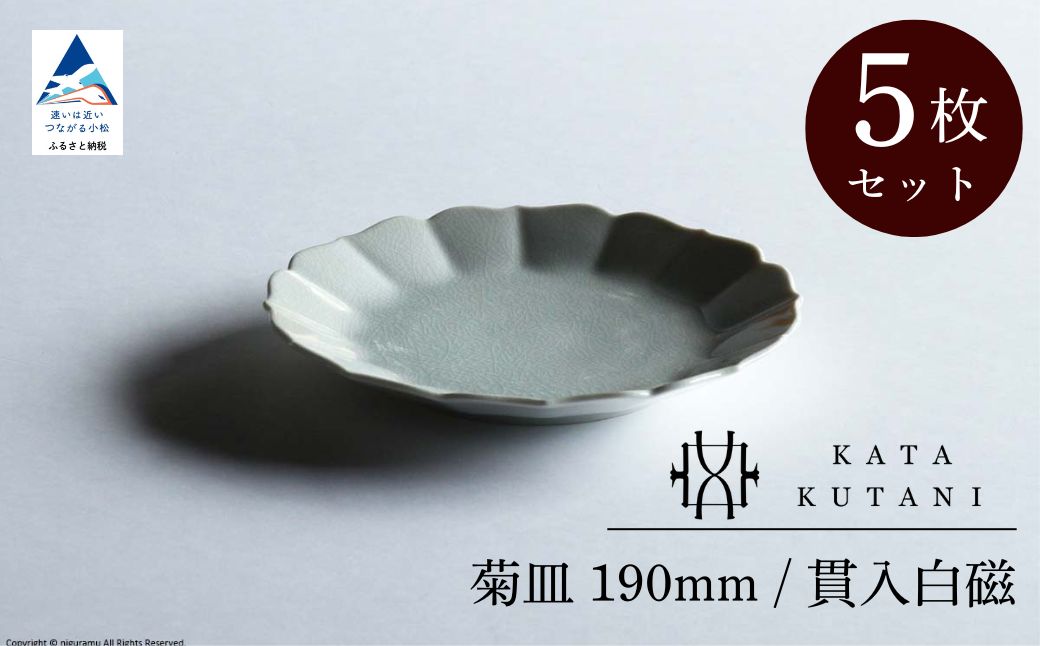 【 KATA KUTANI 】 菊皿 190mm / 貫入白磁（5枚セット）九谷焼 09-03