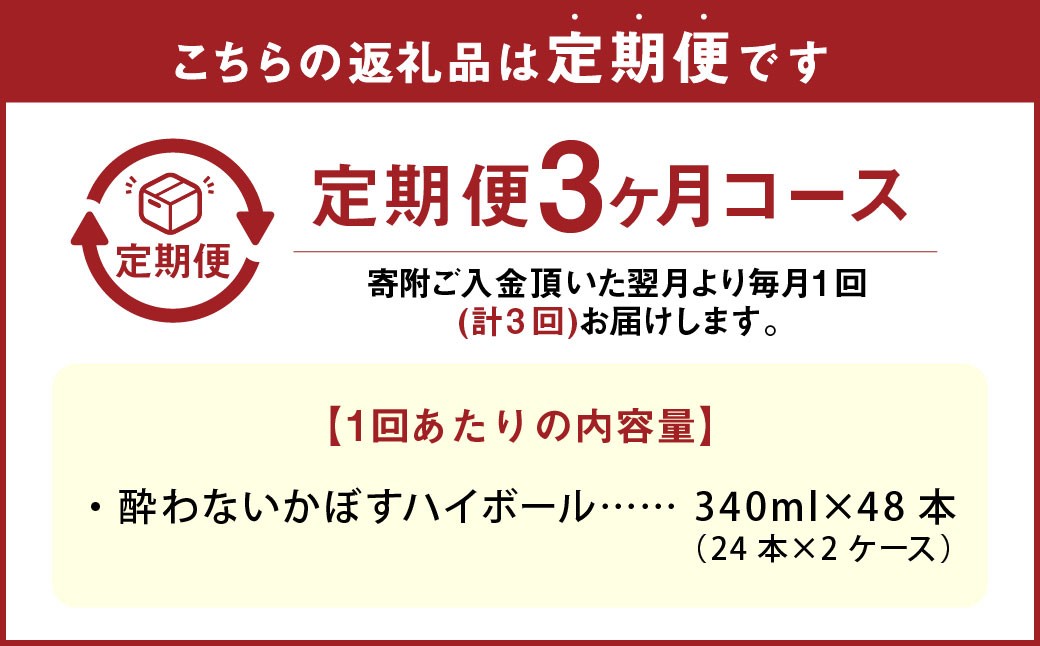 【3ヶ月定期便】 ノンアルコール 酔わないかぼすハイボール 2ケース（340ml×48本）×3回 計144本 JAフーズおおいた