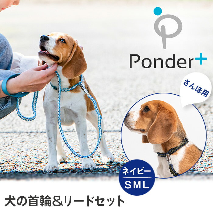 【ふるさと納税】No.462 犬の首輪＆リードセット さんぽ用 ポンダープラス ネイビー ／ ペット用品 犬用品 ペットグッズ 散歩グッズ ワンタッチ 着脱簡単 ロック付き 高耐久 おしゃれ 丈夫 カラフル ハンドメイド 手作り 手編み パラコード 革 レザー 送料無料 大阪府