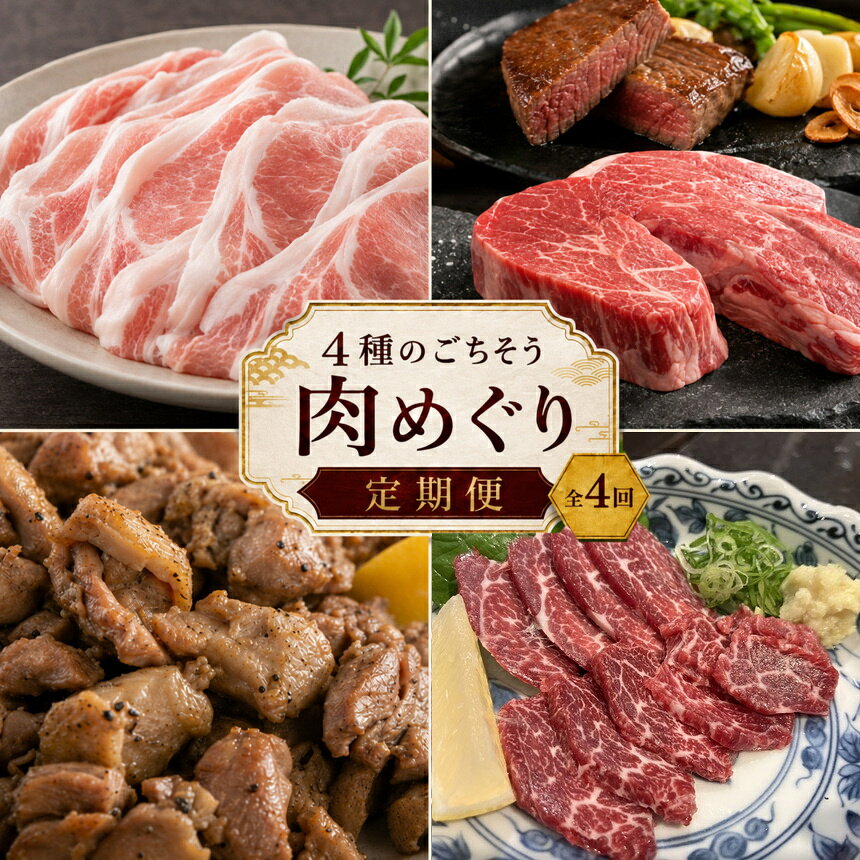 【ふるさと納税】 【 定期便4回 】 4種のごちそう 肉めぐり 定期便 | 肉 豚肉 鶏肉 牛肉 馬肉 馬刺し にく おかず 家庭 食卓 しゃぶしゃぶ ステーキ 焼き鳥 炭火焼 霜降り 熊本 熊本県 くまもと 定期便 肉定期便 和水町 人気 小分け