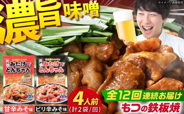 
                  【12回定期便】岐阜県産豚もつの鉄板焼き「元祖みたけとんちゃん」甘辛＆ピリ辛 各1袋（4人前） / モツ もつ 白もつ ホルモン / 御嵩町 / 藤よし [AVAA014]
                
