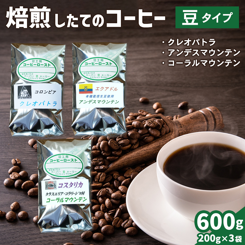 焙煎したてのコーヒー豆 3袋 (クレオパトラ・アンデスマウンテン・コーラルマウンテン)【豆】[0267]