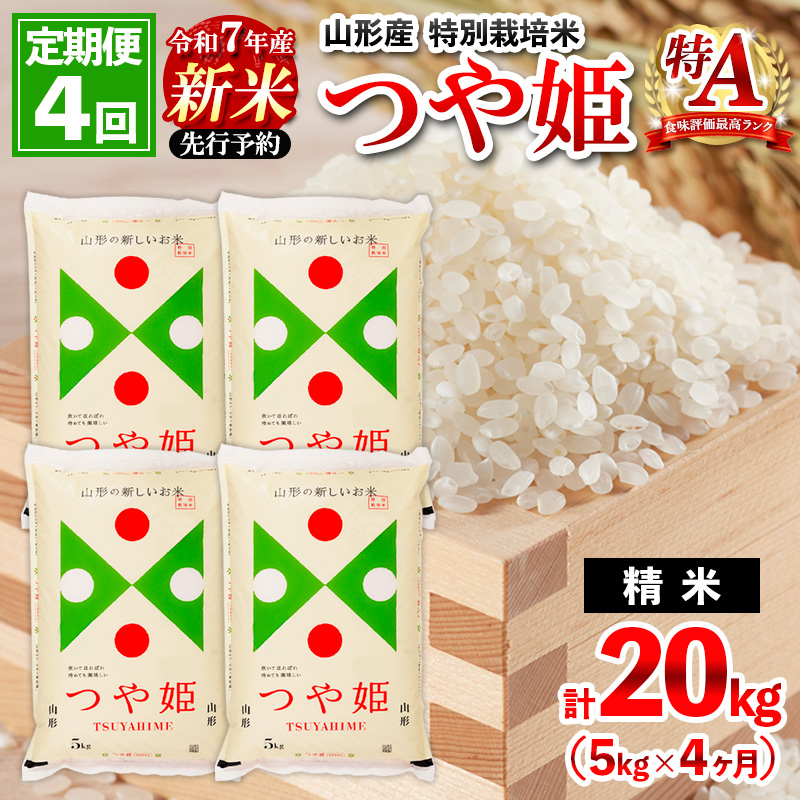 【12月発送開始】【定期便4回】 先行予約 令和7年産 山形産 特別栽培米 つや姫5kg×4ヶ月(計20kg) FZ25-087