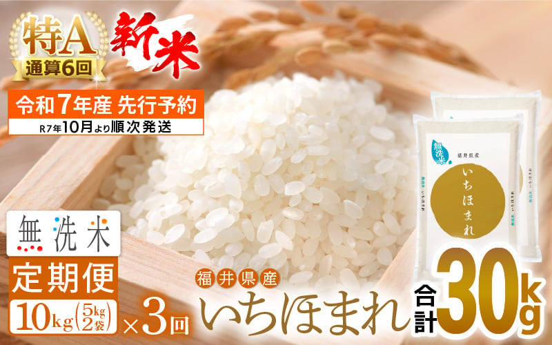 
            【新米・先行予約】令和7年産 無洗米 定期便 3回 いちほまれ 10kg × 3回（計30kg）特A通算6回！福井県産【お米 コメ kome 3ヶ月連続 計30キロ 精米 白米 便利 時短】【令和7年10月より順次発送予定】 [e27-g010]
          