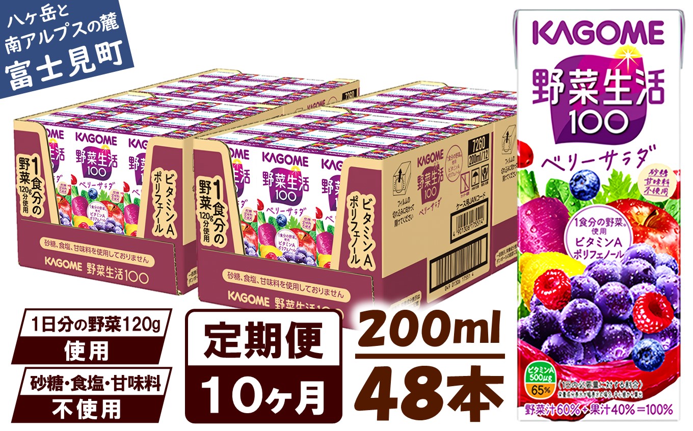 【 定期便 10ヶ月連続お届け】カゴメ 野菜生活100 ベリーサラダ 200ml×48本 ジュース 野菜 果実ミックスジュース 果汁飲料 紙パック 砂糖不使用 1食分の野菜 鉄分 ポリフェノール ビタミンA 飲料類 ドリンク 野菜ドリンク 備蓄 長期保存 防災 飲みもの