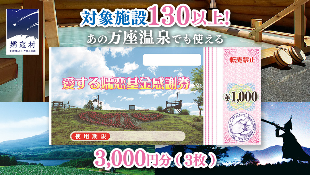嬬恋村 で使える 感謝券 3,000円 分 （3枚） 温泉総選挙 万座温泉 万座 鹿沢温泉 観光 旅行券 宿泊券 旅行 温泉 スキー ホテル 旅館 トラベル 父の日 母の日 敬老の日 浅間高原 鹿沢 バラギ 北軽井沢エリア 関東 3000円 クーポン チケット 国内旅行 お泊り 日帰り 観光地応援 [AO002tu]