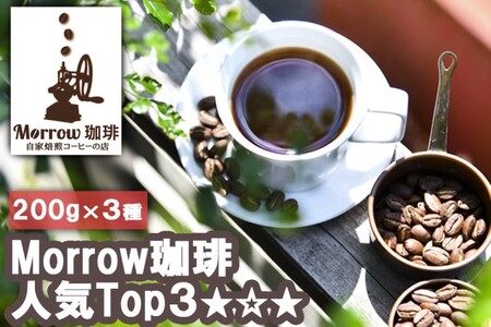 珈琲 元珈琲嫌いの店長が送る 自家焙煎 Morrow珈琲 人気TOP3 セット 200g×3種 豆