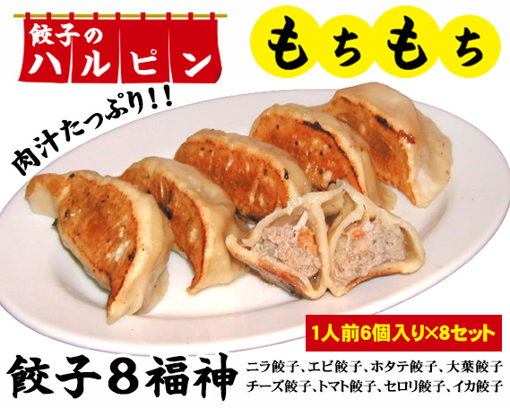 餃子8福神　8人前＜餃子のハルピン＞ ／ 餃子 冷凍餃子 食べ比べ 餃子セット 中華 点心 手作り餃子 もちもち皮 肉汁 ジューシー 香辛料 お取り寄せ 簡単調理 夕食 おかず 家庭用 大容量 小分け 東京都 [No.079]