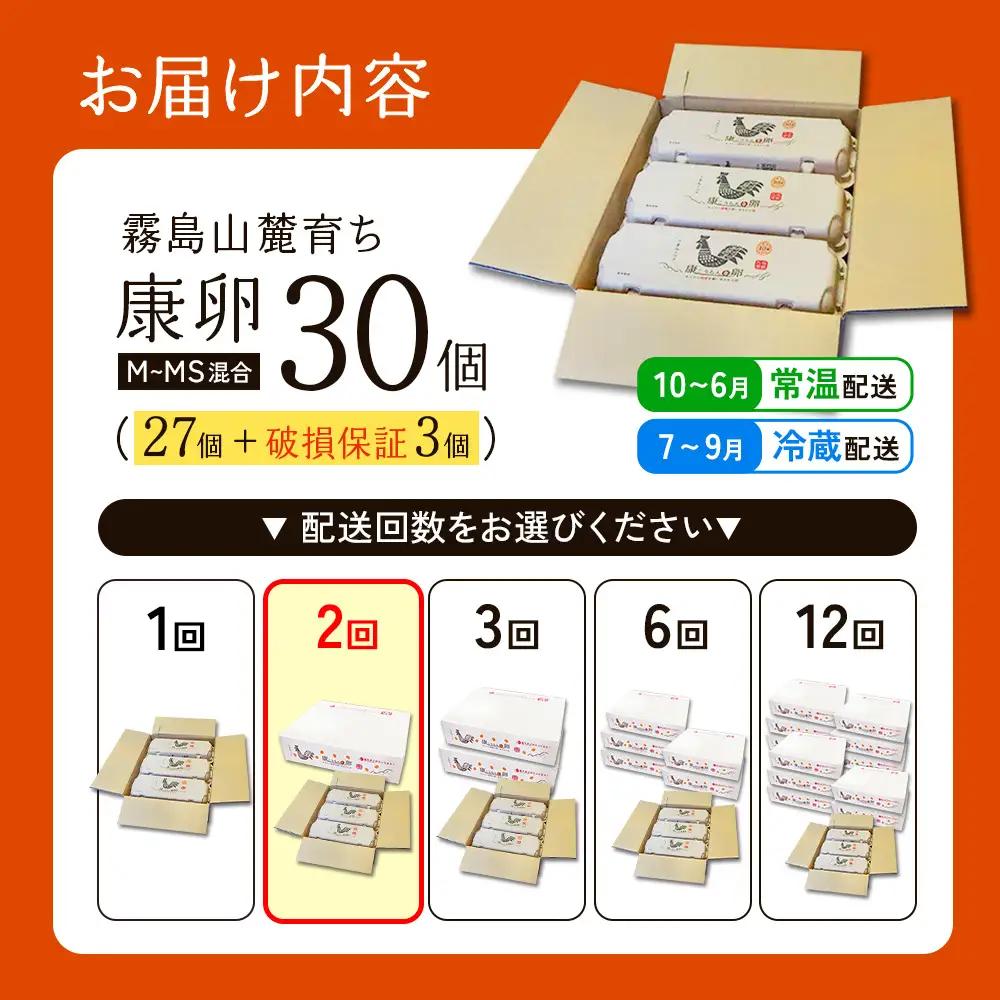 【2回定期便】霧島山麓育ち こだわり卵 康卵 たまご 生卵 鶏卵 30個入り 破損保証 3個含む TKG たまごかけごはん 卵かけご飯 卵かけごはん 玉子焼き 卵焼き ゆで卵 宮崎県産 九州産 送料無