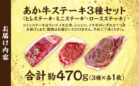 熊本あか牛 ステーキ食べ比べ3種セット（ミニステーキ・ヒレステーキ・ロースステーキ）計約470g牛肉[AYCB086]