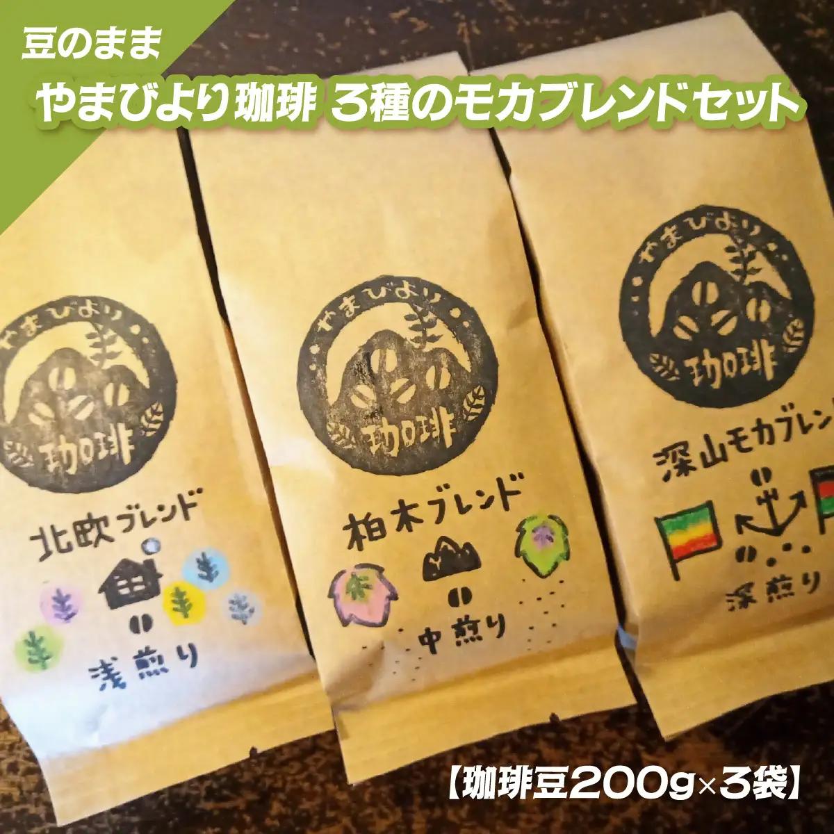 【豆のまま】やまびより珈琲 3種のモカブレンドセット【コーヒー豆200g×3袋】 カフェイン 飲み物 エチオピア 3種セット 浅煎り 中煎り 深煎り ケニア ブラジル エルサルバドル HNNAF004