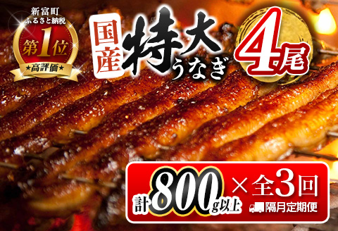 【1月5日受付終了】＜数量限定＞特大 うなぎ 定期便 国産 鰻 蒲焼 4尾セット 全3回 隔月定期便（2026年1月 3月 5月お届け）1尾約200g!! 合計2.4kg以上 魚介 贈答品 ギフト ウナギ 期間限定 鰻楽【E193-800-010305】